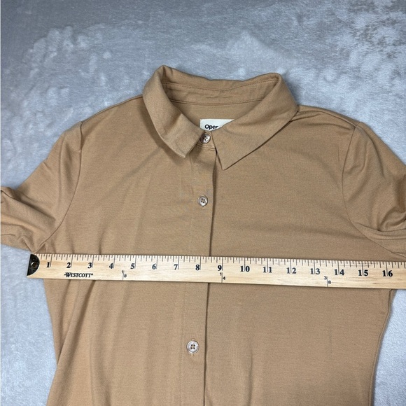 Open Edit Stretch Knit Tan Cartouche Long Sleeve Collared Button Up Blouse S - Picture 10 of 16